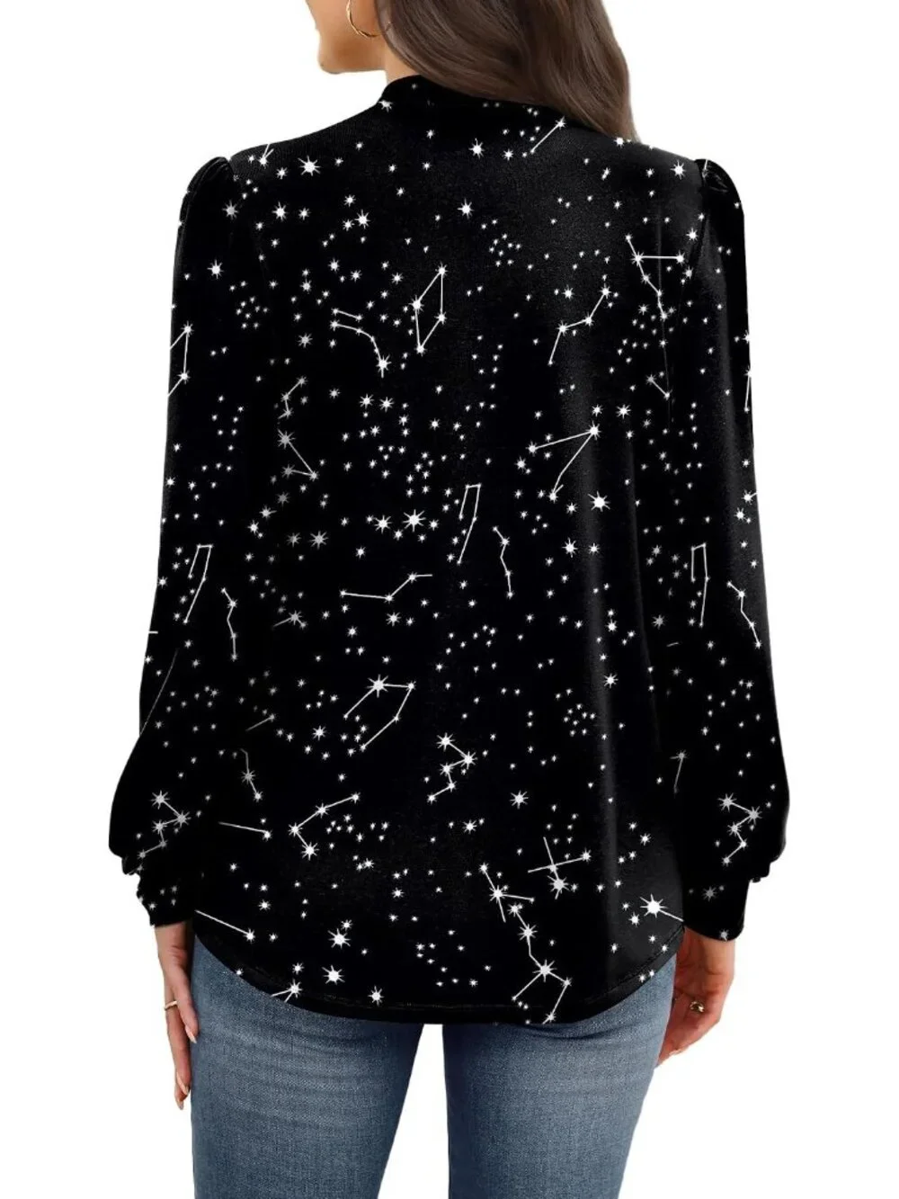 Women's Black Star Long Sleeve Shirt Pleated Front Blouses Dressy Mock Neck Top